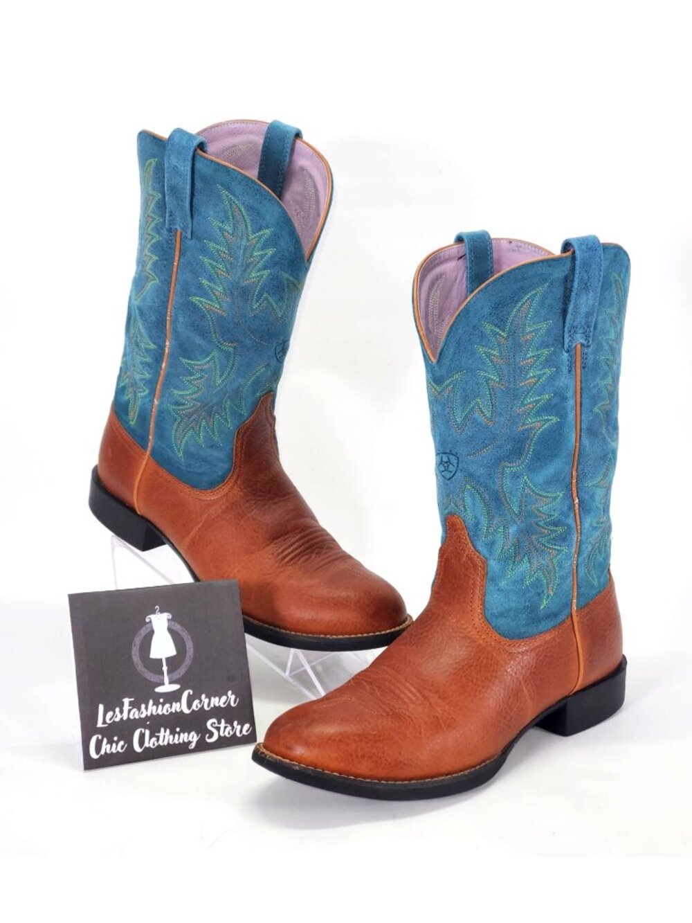 Ariat Women's Blue and Brown Leather Cowgirl Embroidered Wester Boots Sz 7B 1552